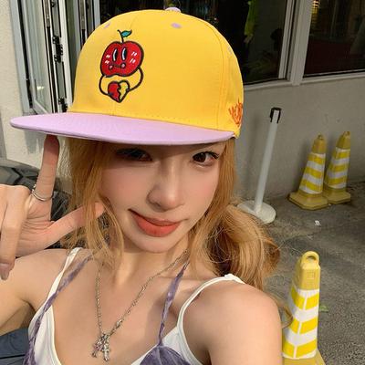 Cute Little Apple Embroidered Flat Brimmed Baseball Hat for Women American Hip Hop Face Showing Small Duckling Cap Big Head Color Blocking Hat