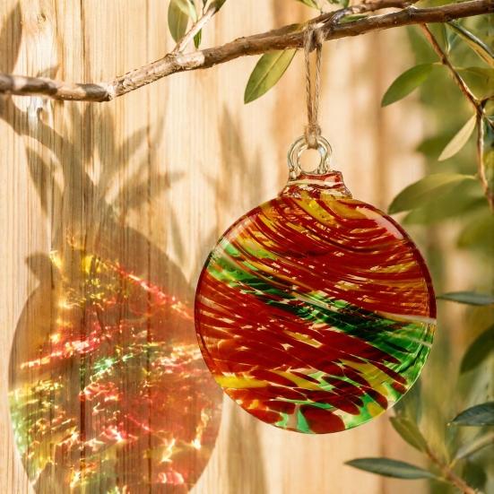 Transparent Glass Bauble with Hanging Rope Hand-Blown Round Disc Ornament, Christmas Tree Decoration Unique Patterned Ornament Hemp for Outdoor Indoor