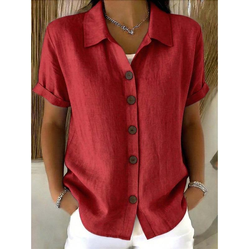QICED Women's Fashion Casual Solid Color Print Short Sleeve POLO Neck Blouses & Shirts