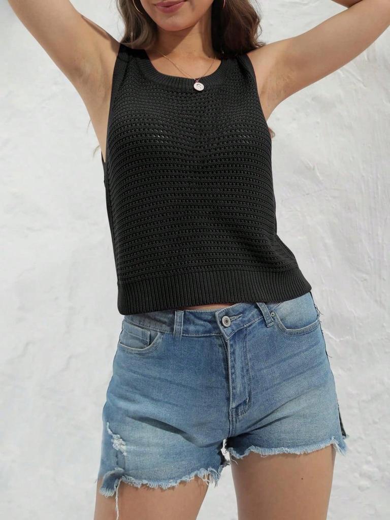 Ärmelloses gehäkeltes Tanktop für Damen Rundhalsausschnitt Ausgeschnitten Lässig Sommer Pullover