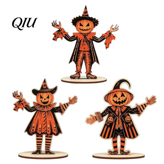 Rustic Fall Desktop Decor 3Pcs Wooden Pumpkin Scarecrow Ornaments, Halloween Table Centerpiece, Seasonal Decorative Wood Pieces Vintage Decoration for