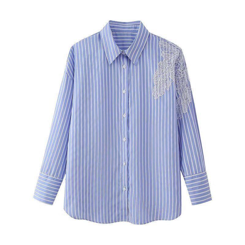 Fashion Style 2024 Spring New Arrival Women's Clothing Embroider Flower Decoration Stripes Shirt 2276566 044