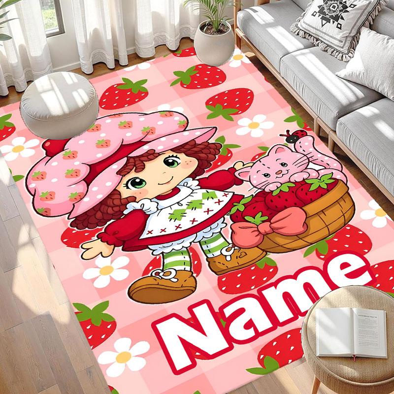 Custom Name Personalized Strawberry Shortcake Print Carpet, Versatile Home Decor Rug, for Playroom, Apartment, Balcony, Entryway, Hallway Gift