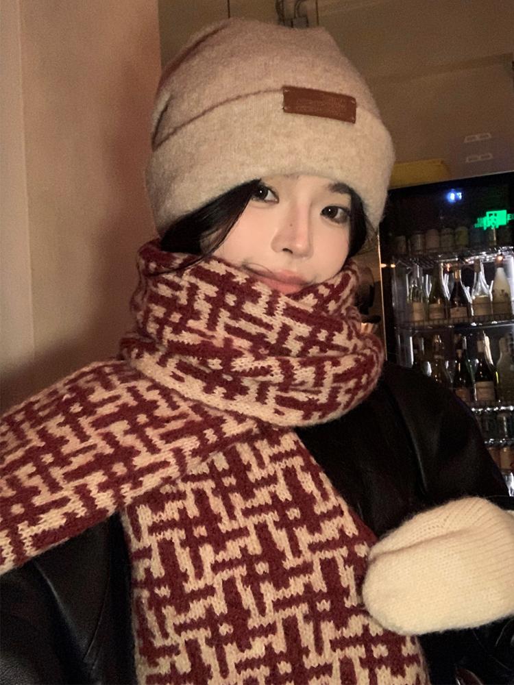 Women Winter Knitted Scarf Headscarf Ladies Casual Red Plaid Warm Scarve Mujer Foulard Wrap Shawl New Christmas New  Gifts
