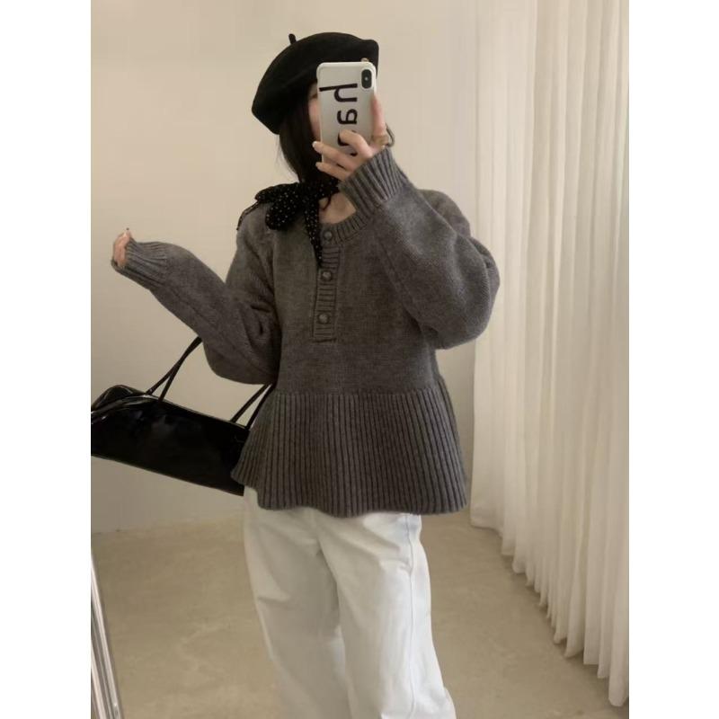 

Designed Round Neck Half-button Solid Color Babydoll Skirt Sweater Women s Autumn and Winter Loose Temperament Versatile Sweater Top Thick Onesize сірий