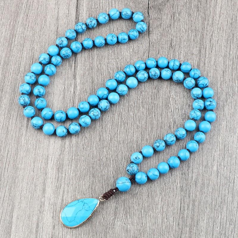 JMXD-Bohemian turquoise necklace fashionable retro ethnic style hand-knotted water drop pendant long necklace
