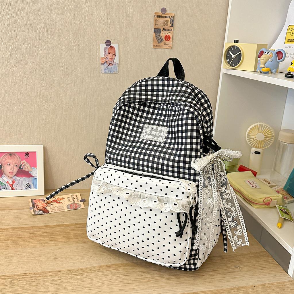 Schoolbag Korean Sweet Plaid Backpack Female Junior High School High School Student School Bag Lace Large Capacity Lightweight Backpack