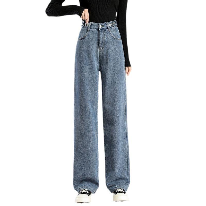 Plush Thickened Hong Kong Style Wide-Leg Jeans for Women - Winter Straight-Leg Loose Fit