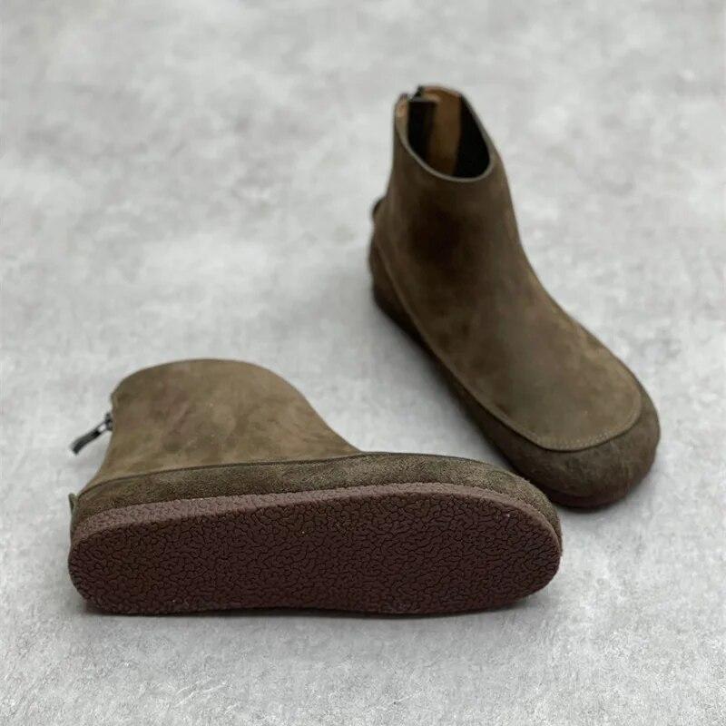 Johnature Stivaletti corti da donna in vera pelle punta tonda scarpe piatte comode casual con suola morbida in pelle bovina