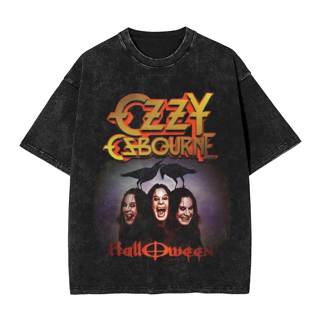 Oversized Acid-Wash Vintage Short-Sleeve T-Shirt Featuring Ozzy Osbourne Live Stage Retro Rock Graphic Print