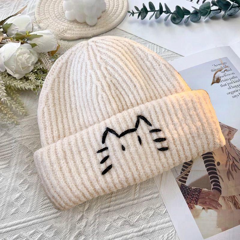 Embroidery Cute Kitten Wool Hat Female Autumn and Winter New Face Small Cold Hat Warm Ear Protection Cold Student Knitted Hat