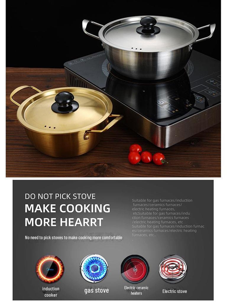 Zlatý korejský ramen hrnec z nerezové oceli s poklicí - dvojité uši, zesílené, ideální na nudle, polévku nebo malé horké hrnce.