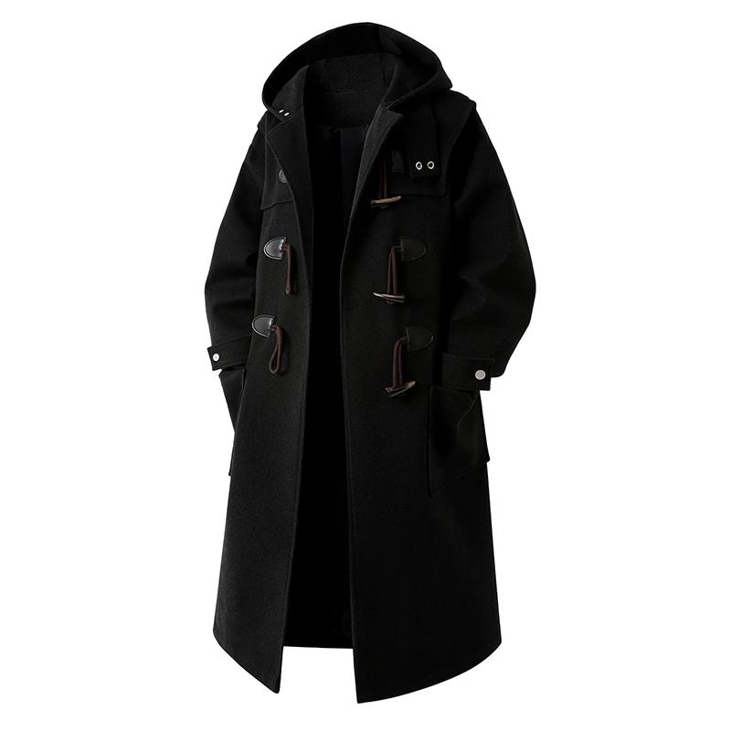 Herbst Winter Wollmäntel Herren Kapuze Trench Mode Locker Lässig Streetwear Lang Oberbekleidung Mantel Männlich Knopf Windbreaker