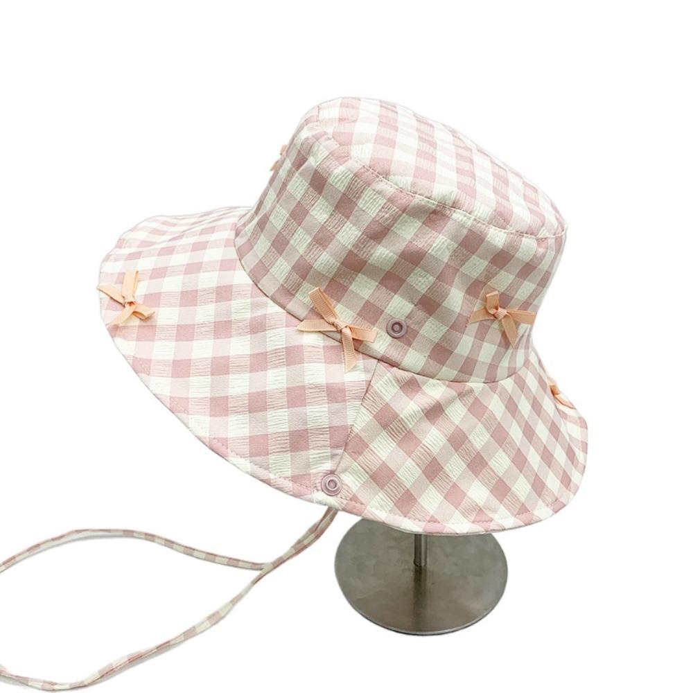 Small Lattice Drawstring Sun Hat Versatile Bow Bucket Hat Fashion Hiking Fisherman Hat  Famale