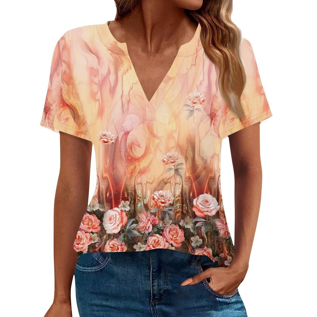 Women's Summer Short Sleeve V Neck Shirt Business Casual Loose T-Shirt Trendy Fashion Clothing Tops
