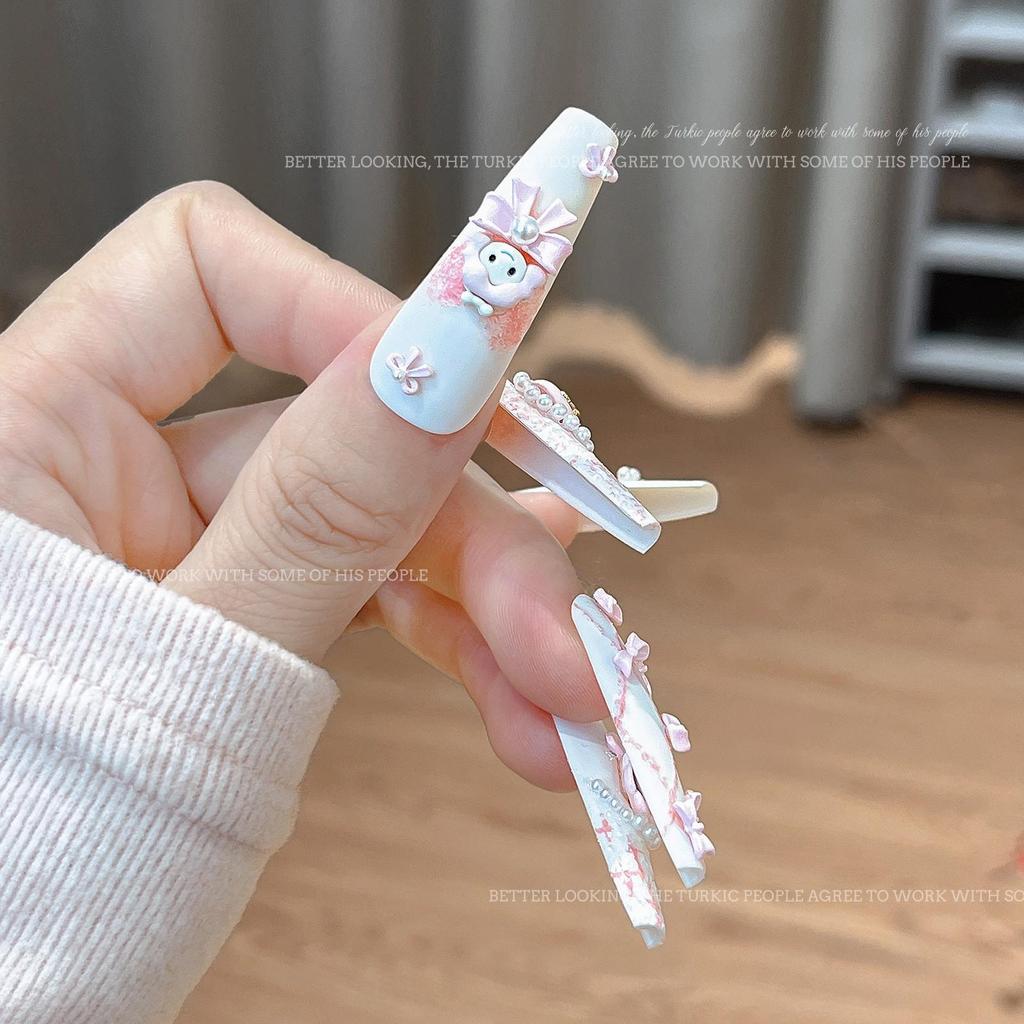 Cartoon Rose Pink Pearl Heart Bow Nail Accessories with Rhinestones