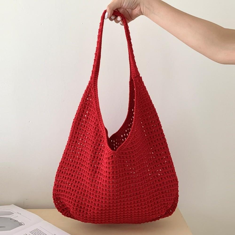 Solid Color Knitted Shoulder Bag Large Capacity Bohemian Style Crochet Mesh Tote Bag Versatile Spacious Woven Handbag Vacation