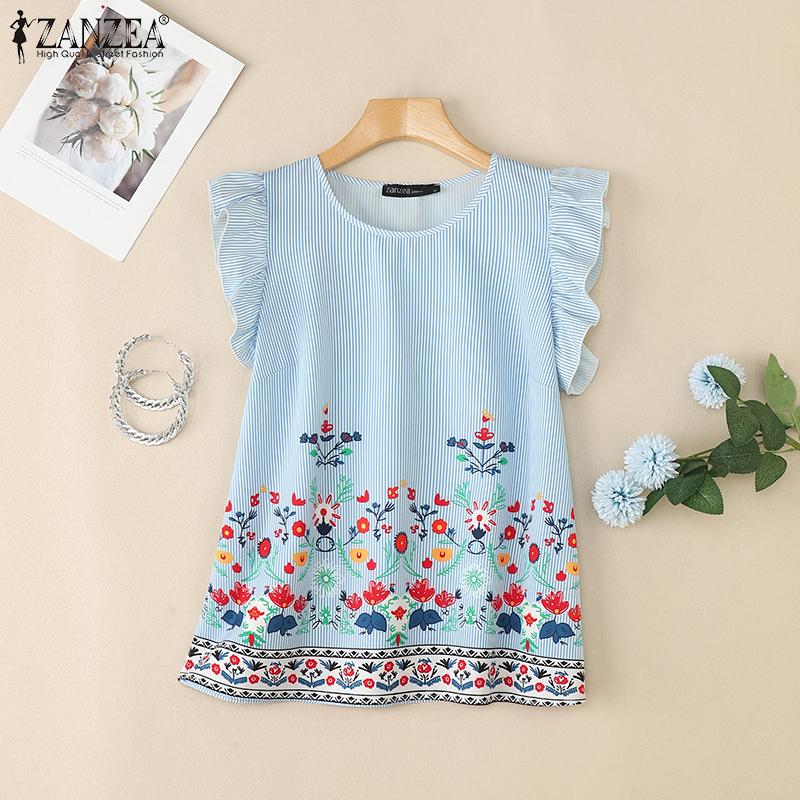 ZANZEA Women Casual Round Neck Summer Sleeveless Floral Print Stripe Tank Tops