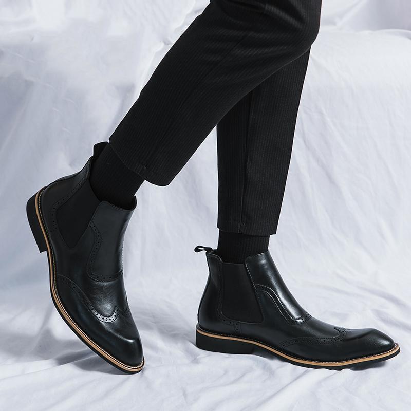 Fashion Men Business Pointed Toe High Top Ankle Boots With Elastic Band On Both Sides