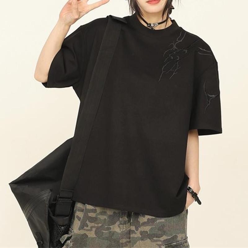 

Унисекс футболка с вышивкой темного узора с коротким рукавом - Повседневный летний топ в китайском стиле XL чёрный