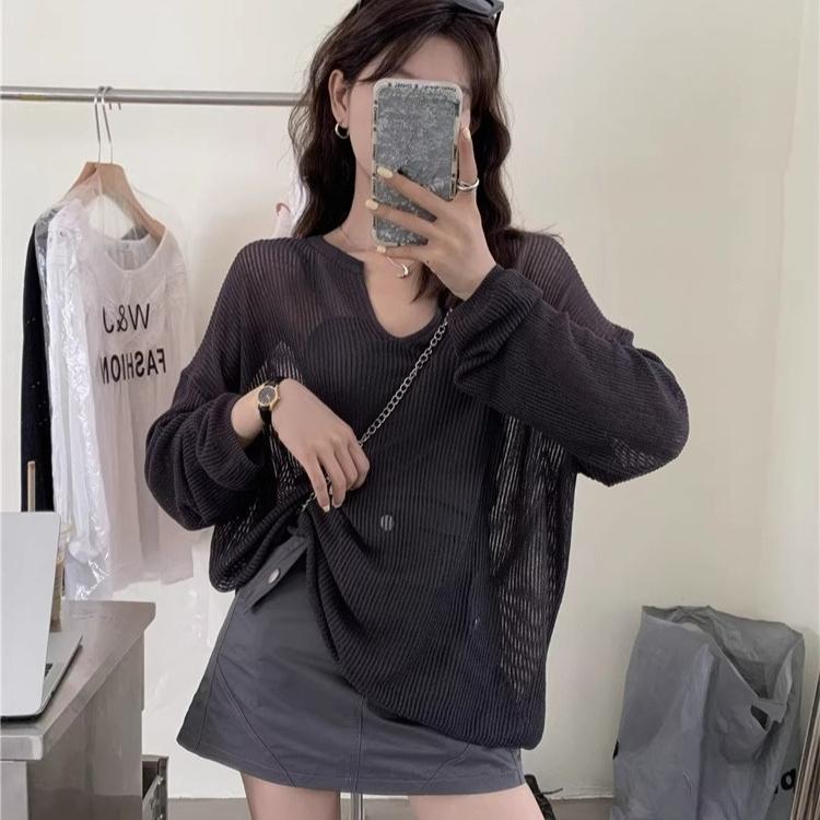 Women's Knitted Sweaters See Through Casual Oversized Long Sleeve Tops Summer Lady Sexy Hollow Out Mesh Pullover Beach T-shirts
