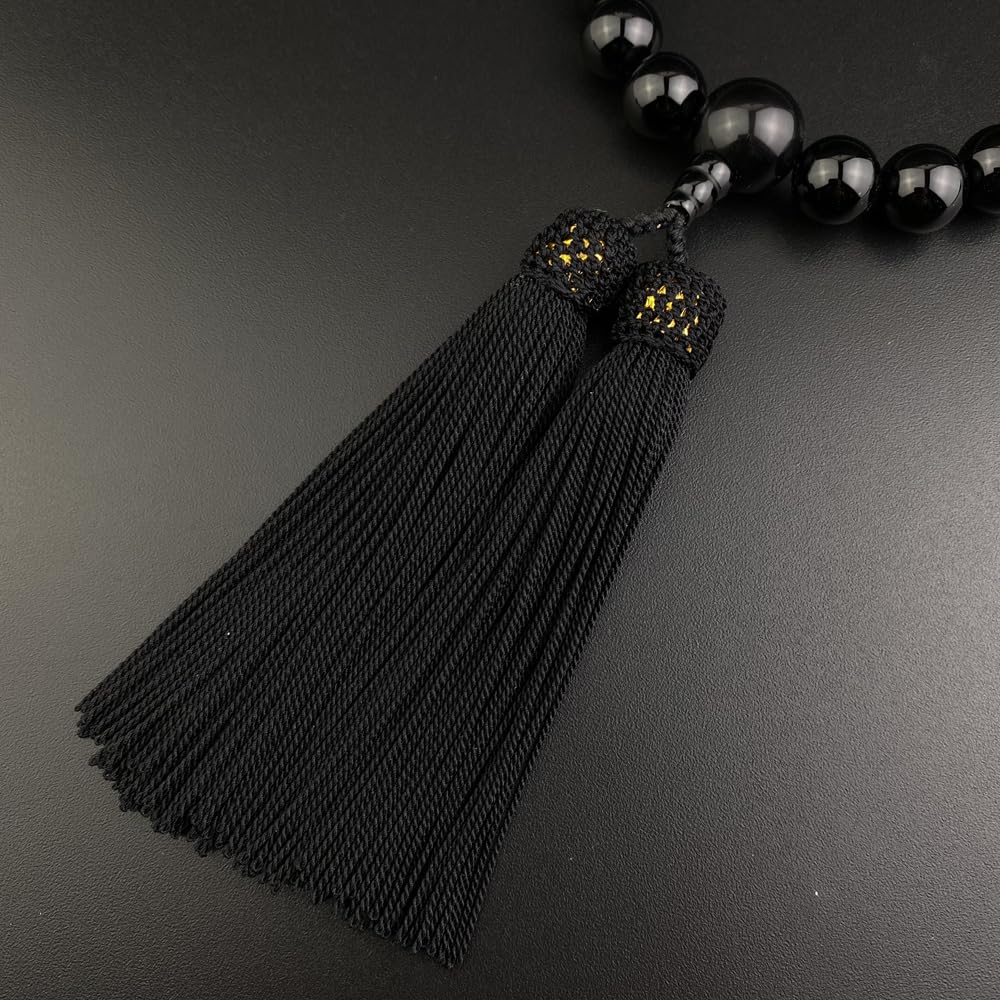 WONDERFUL LOTUS Buddhist Prayer Beads Juzu for Men Ebony Black Onyx Tiger Eye 22 Beads Pure Silk Tassel with Pouch for All Sects Funeral Memorial