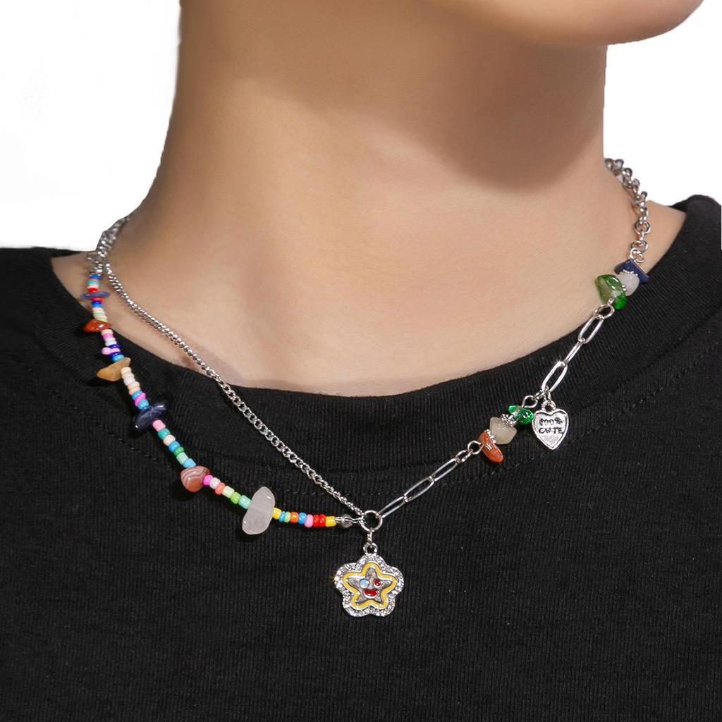 Dopamine Colorful Stone Necklace Colored Beaded Flowers Sweet Cool Wind Clavicle Chain Candy Love Jewelry