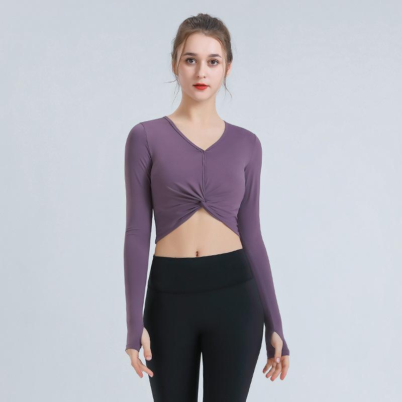Nya Yogakläder Dam V-ringning Långärmad Tight Fitness Sporttoppar Vår och Höst Tunn Modell Löpning Snabbtorkande Kläder