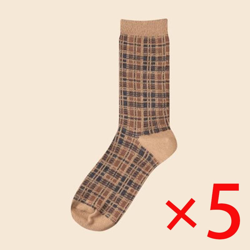 5 Pairs Women Winter Socks Fashion Thickened Warm Socks Retro Grid Middle Tube Girls Socks