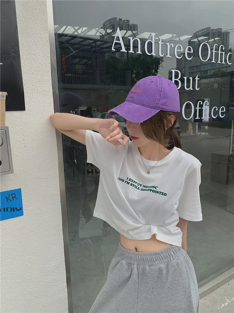 Koreanisches Locker sitzendes Kurzarm-Crop-Top mit Buchstabenaufdruck für Damen