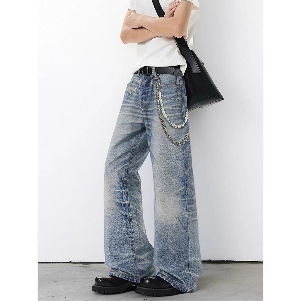 American Niche Design Sense D Printing Old Jeans Men's Vibe Loose Straight Slightly Wide Legs Mopping Trousers