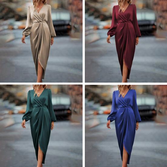 Vestido de mujer con abertura irregular, cintura alta, plisado, mangas largas abullonadas, color liso