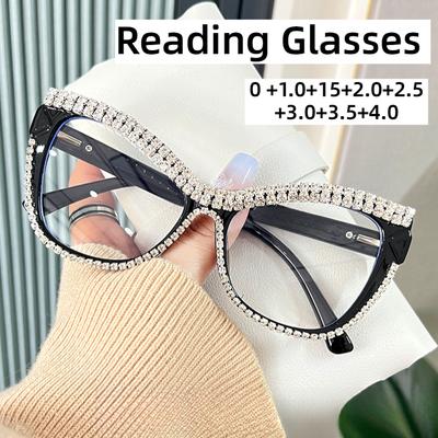 Herren Damen Cat-Eye Lesebrille Retro Großer Rahmen Diamantbesetzt Alterssichtigkeit Brille Übergroße Blaulichtfilterbrille