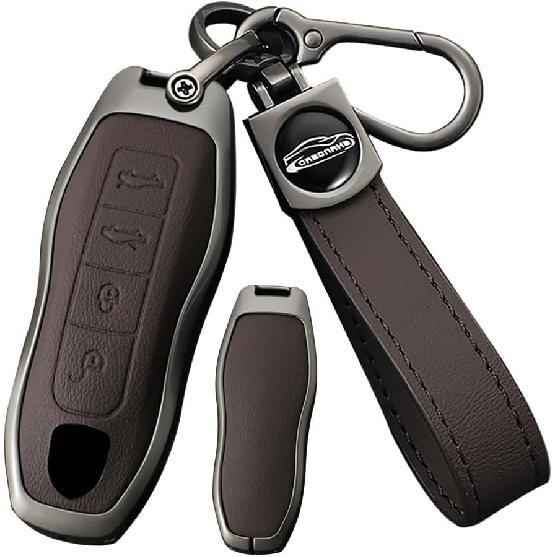 SANRILY Metal & Leather 3 Button Smart Key Fob Cover Case Fit for Porsche Panamera Cayenne 911 Macan Boxster 2013-2016 Cayman 718 Key Fob Shell Brown-4 Button