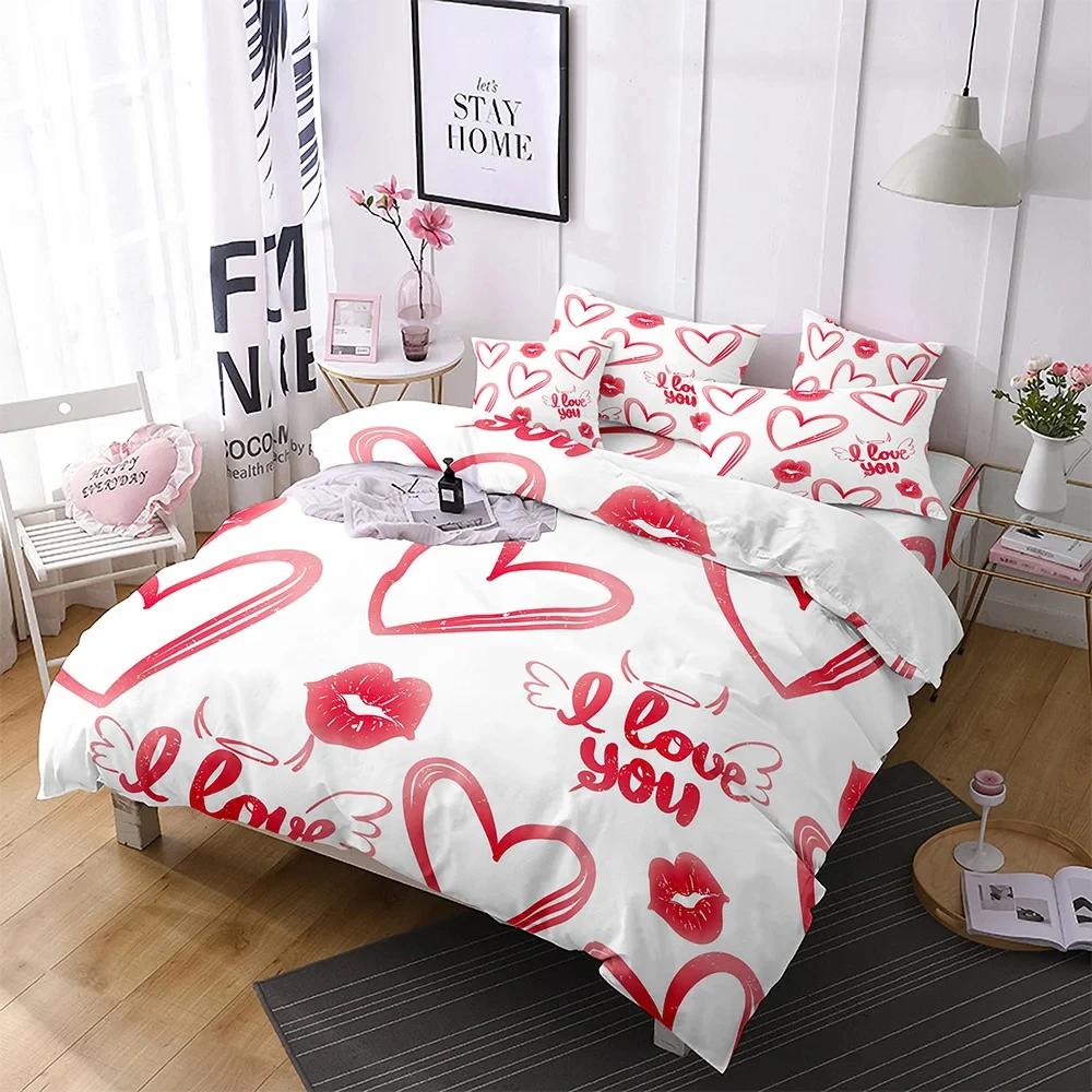 

Comforter Red Lips Love Bedding Sexy Theme Polyester Set For Adult Couple Zipper Ties King Queen Size Comforter (quilt)-EU Single(135*200cm)3pcs