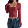 European & American Y2K Style Square Neck Long Sleeve Slim Fit Ribbed T-shirt