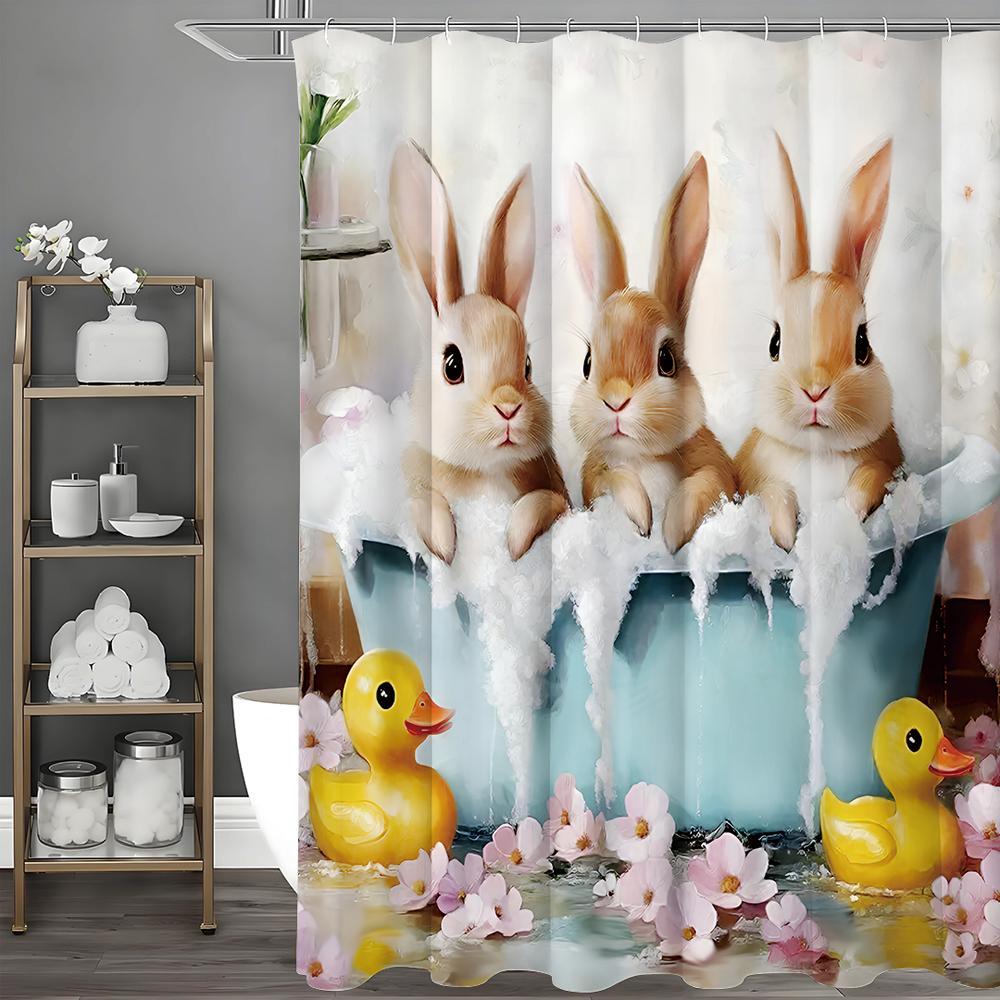 Cute Easter Bunny Shower Curtain, Bath Yellow Duck Floral Bathroom Decorative Shower Curtain, Waterproof Shower Curtain with Hoo