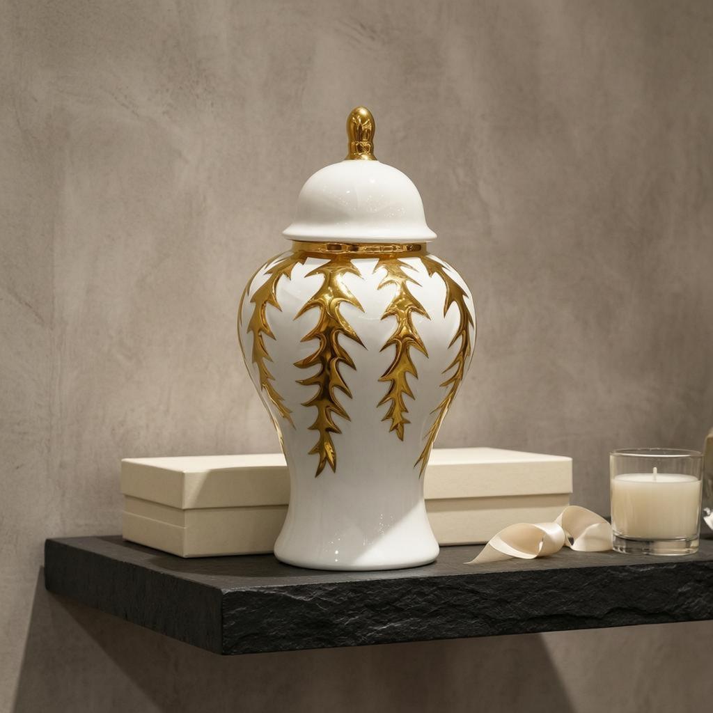 Lidded Ceramic Vase Glossy White Jar-Shaped Vase Decorative Ceramic Jar Gold Trim Home Decor Display Piece