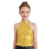 Kids Girls Sparkling Sequin Halter Crop Top Sleeveless Backless Tops for Cheerleading Jazz Dance Gymnastics