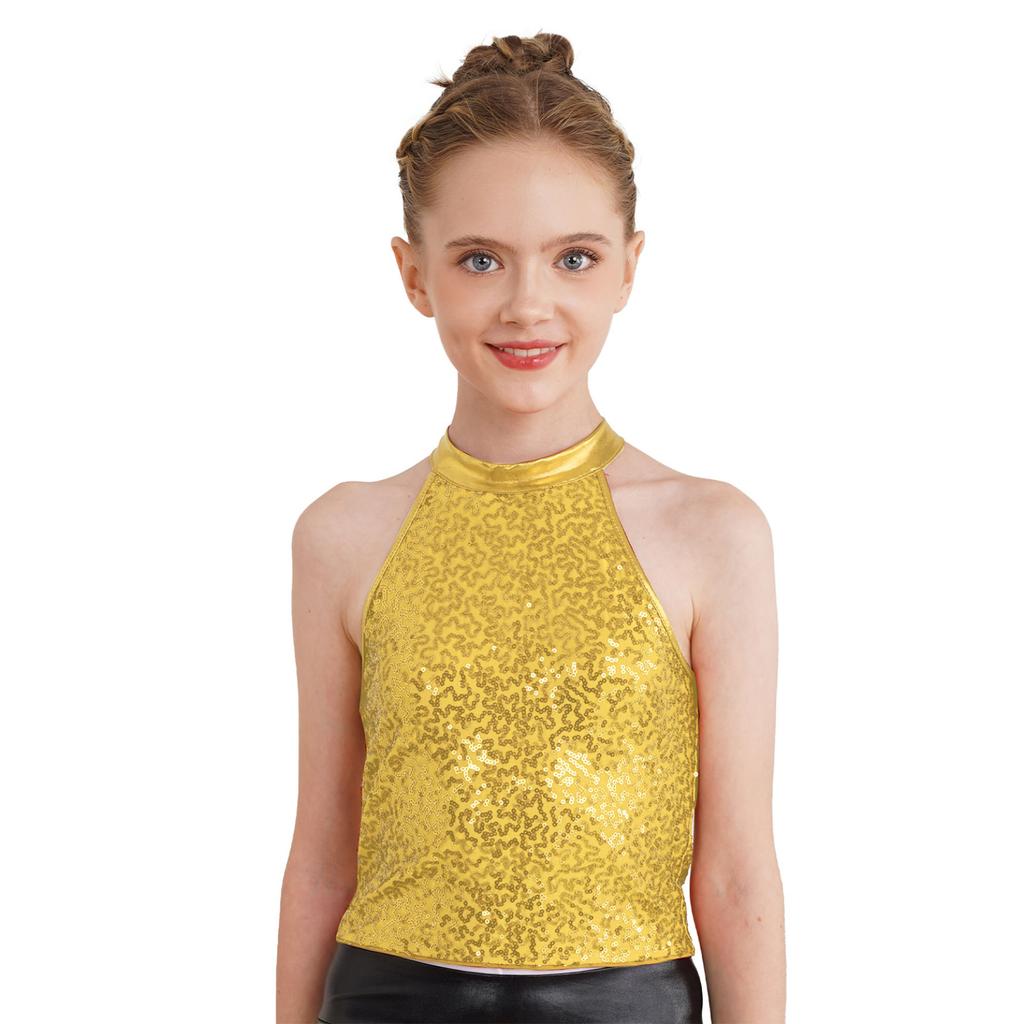 Kids Girls Sparkling Sequin Halter Crop Top Sleeveless Backless Tops for Cheerleading Jazz Dance Gymnastics