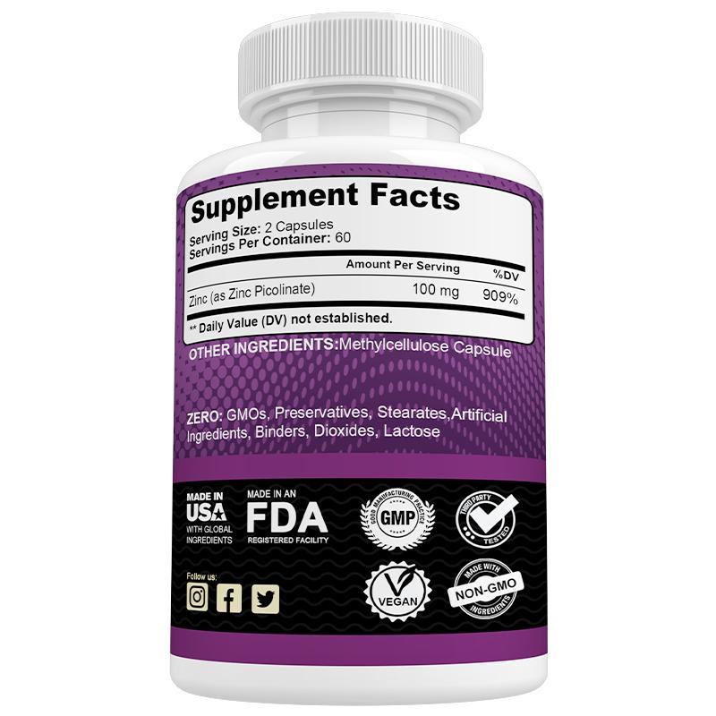 Zinc (As Zinc Picolinate) 100 Mg Dietary Supplement, 120 Capsules Per Bottle