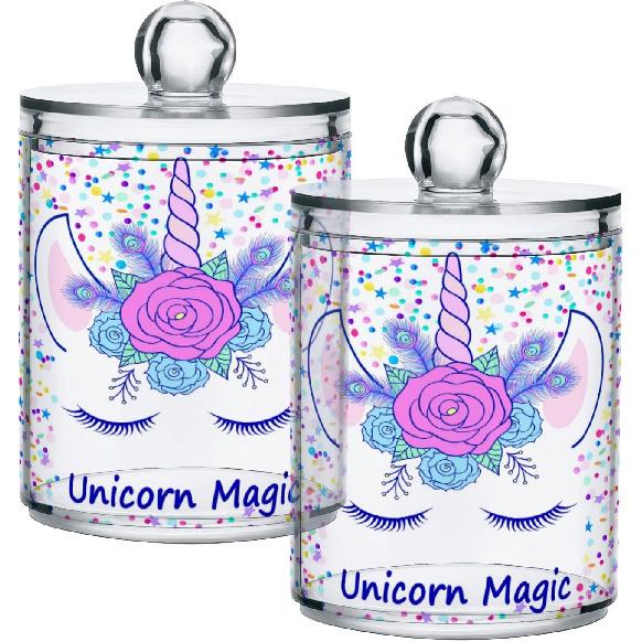 Bathroom Canister Set of 2, Unicorn Magic Tiara Clear Plastic Jars Holder Dispenser Farmhouse Sugar Storage Countertop With Airtight Lids, Kitchen