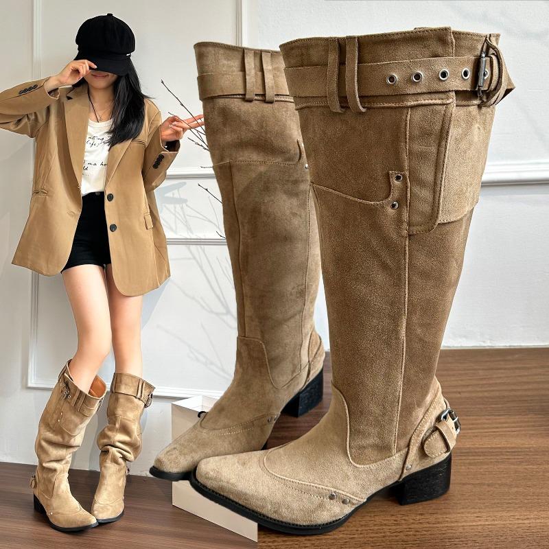 New Style Winter Belt Buckle Pointed Toe Women Knee-High Boots Vintage Square Low Heels Ladies Shoes Zapatos Mujer