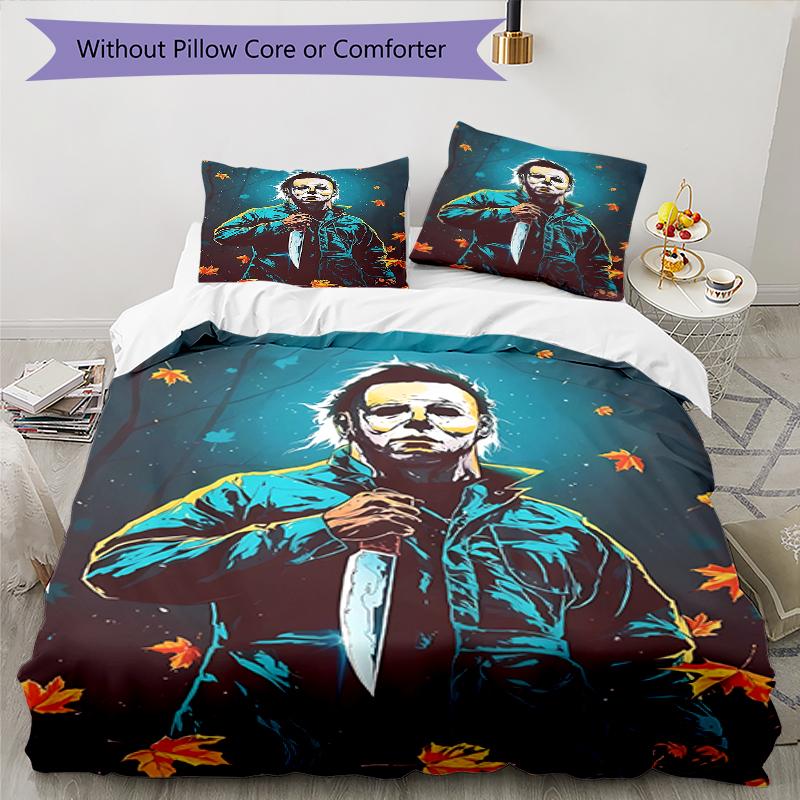 3pcs Michael Myers pattern bedding set duvet cover set includes duvet cover &pillowcases, perfect all season bedroom decoration & gift