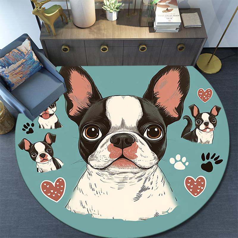 Okrągły dywanik z buldogiem francuskim, Dywanik do salonu, sypialni, przy sofie, pokoju zabaw, Mata podłogowa antypoślizgowa