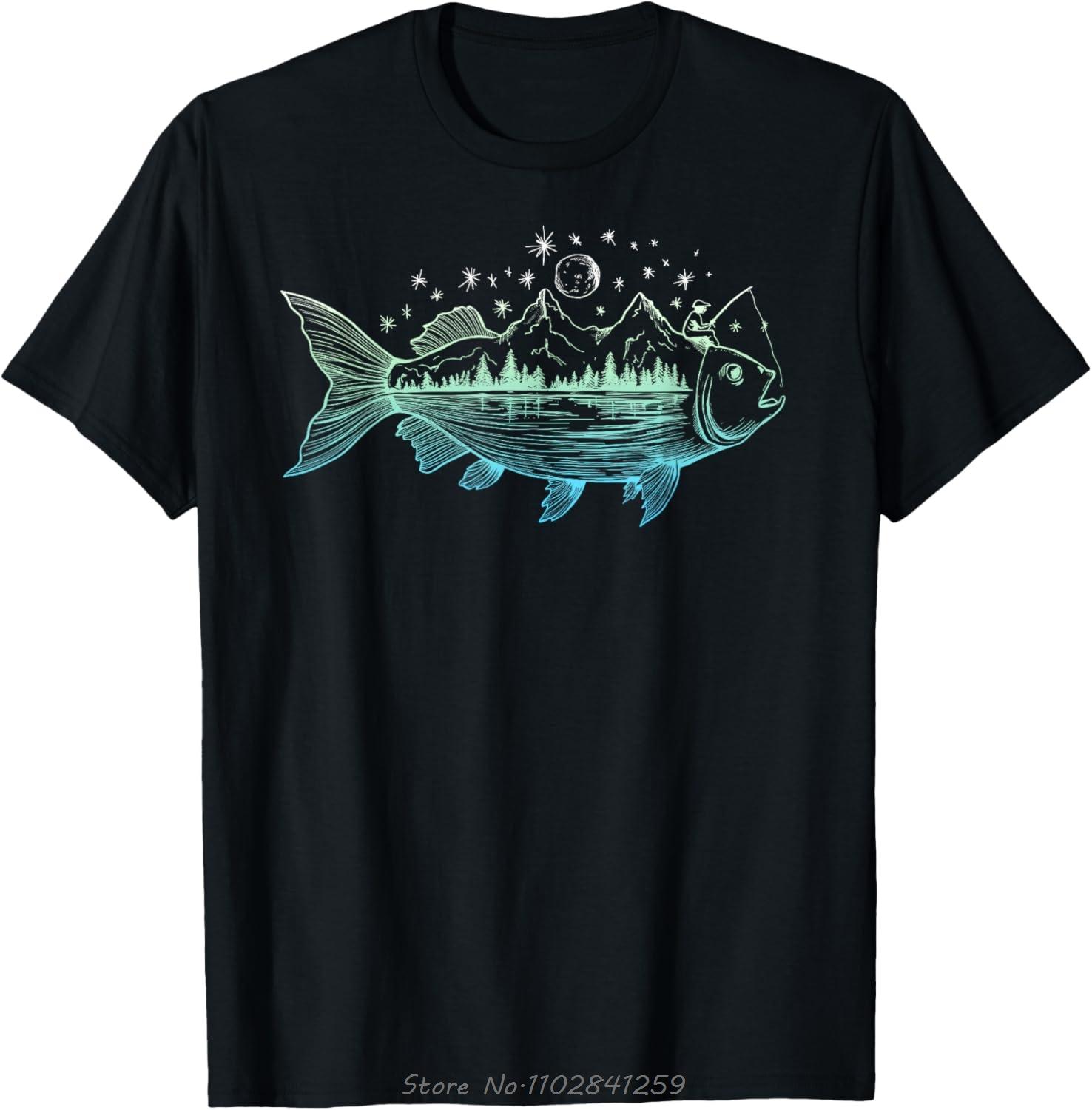 Cool Fish Shaped From Mountains Nature Scene Fishing Tshirt Fashion Summer Tshirt Men Clothing Cotton Fitness T Shirt Tees S