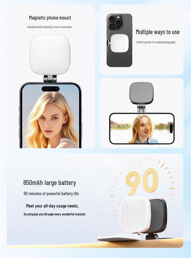 Luz de Preenchimento Magnética Portátil: Espelho dobrável para selfies e maquiagem para transmissões ao vivo e fotografia.
