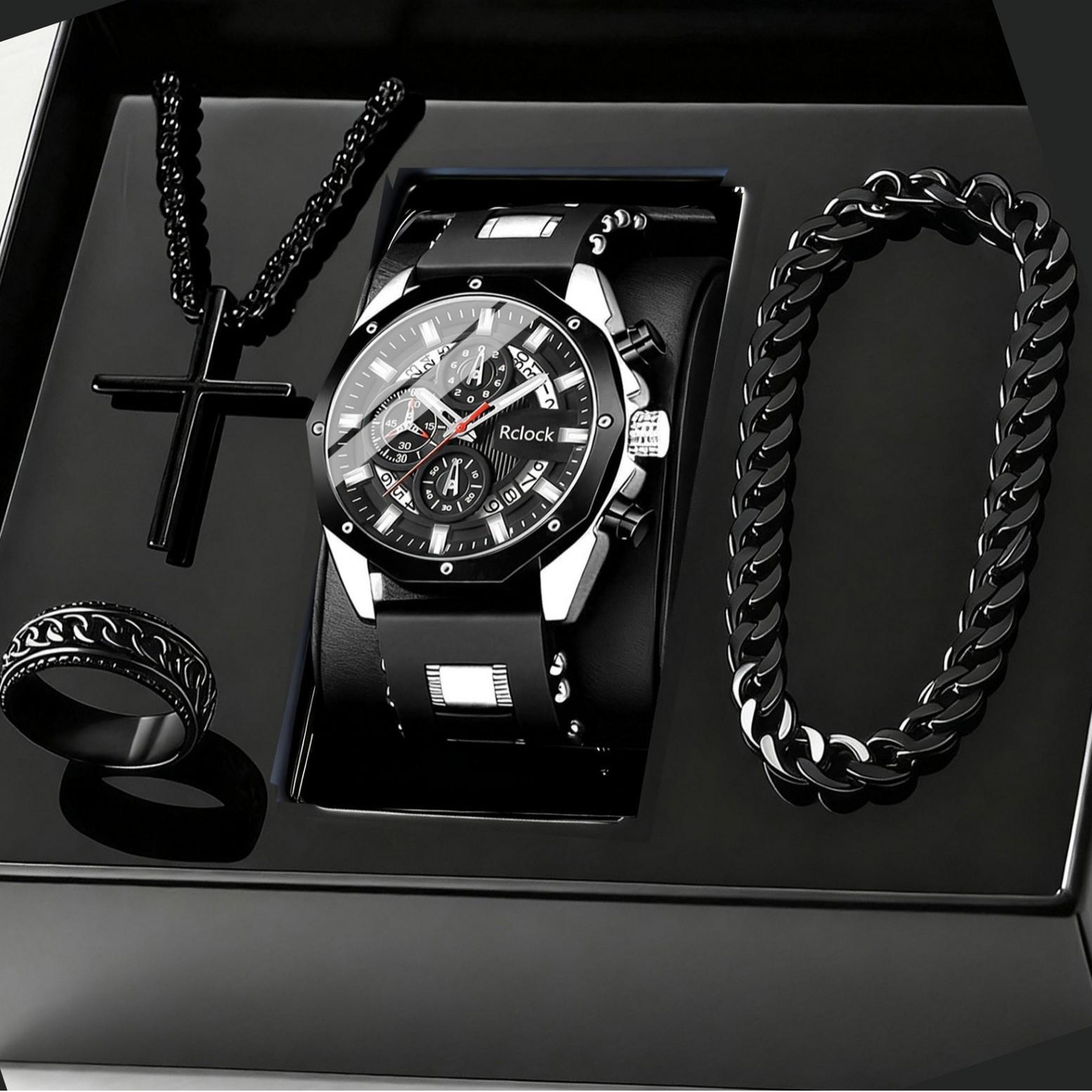 Four-Piece Fashion Men S Watch Set Casual Sports Large Plate Silicone Tape Cross Accessories