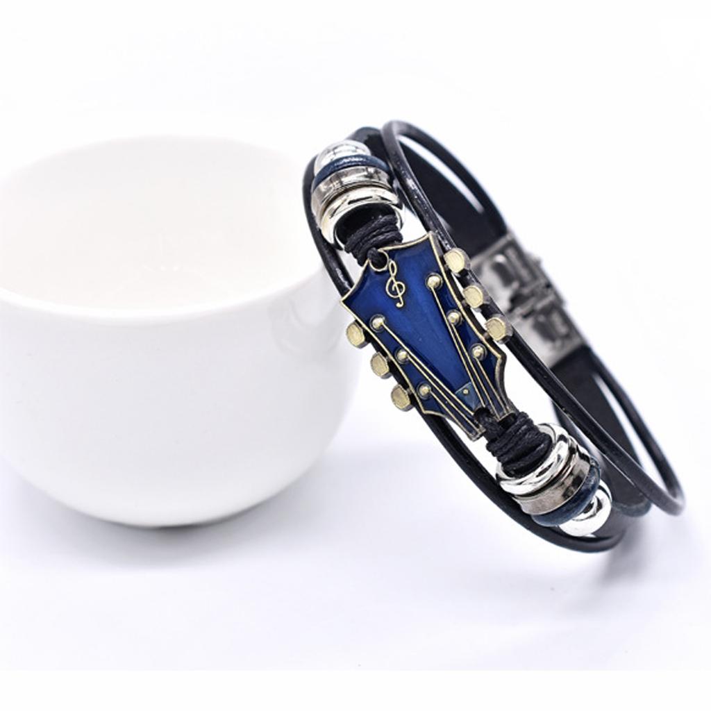 Alloy Music Guitar Leather Bracelet With  Flag Colored Enamel Stainless Steel Buckle And Woven Leather Strap.
