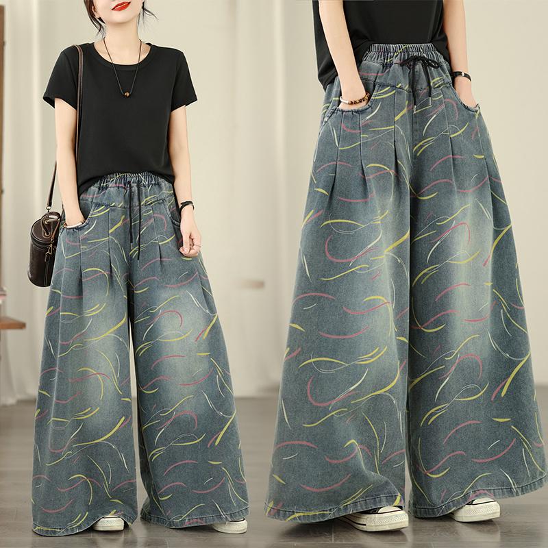 DIMANAF 2026 Summer New Plus Size Women Jeans Elastic Waist Long Pants Print Loose Casual Denim Cotton Trousers